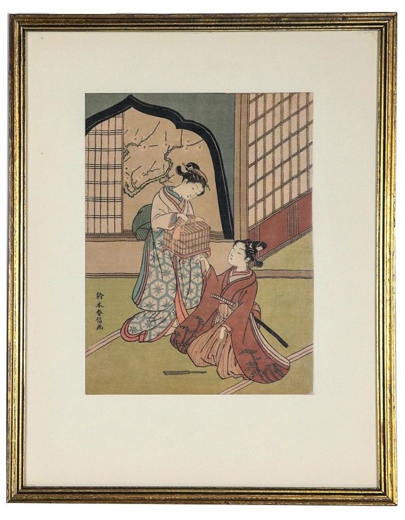 Lotto di sei stampe colorate giapponesi "Geishe, Samurai e paesaggi"