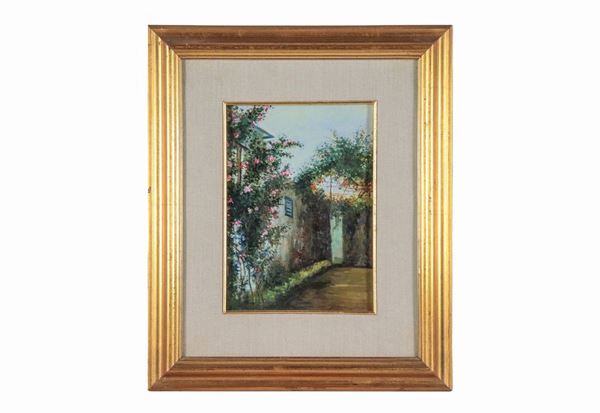 Giuseppe Scognamiglio - Signed. "Interior of courtyard with bougainvillea", small oil painting