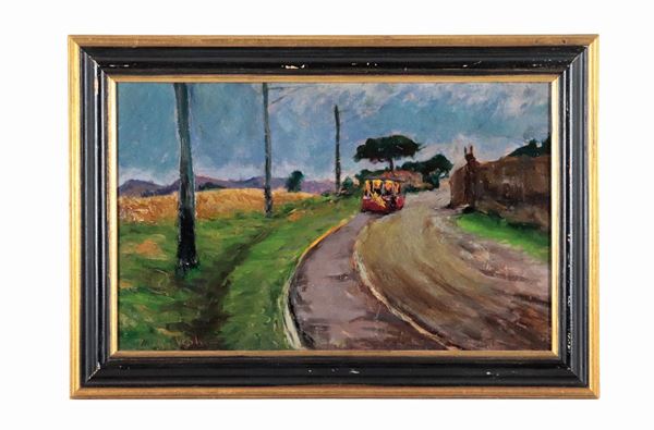 Pittore Italiano Inizio XX Secolo - Signed. "Lazio landscape with little train", small oil painting on plywood