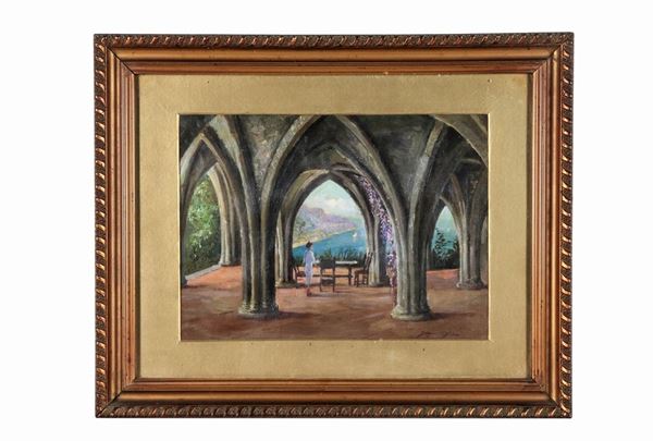Giuseppe Scognamiglio - Firmato. "Veduta di interno di villa con veduta della Costiera Amalfitana", piccolo dipinto ad olio su tela