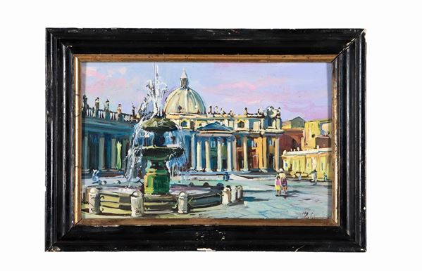 Ilio Giannaccini - Firmato. "Scorcio di Piazza San Pietro", piccolo dipinto ad olio su tavoletta