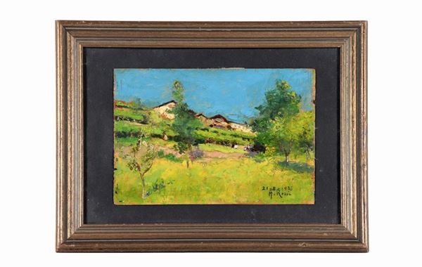 Alberto Rossi - Firmato e datato 1925. "Paesaggio con case e contadini", piccolo dipinto ad olio su tavoletta
