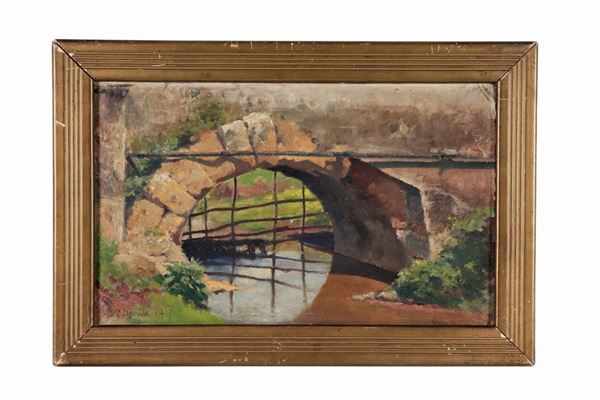 Pittore Italiano Fine XIX - Inizio XX Secolo - Signed and dated 1917. "Landscape with bridge and watercourse", small oil painting on pressed cardboard