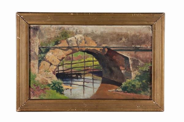 Pittore Italiano Fine XIX - Inizio XX Secolo - Signed and dated 1917. "Landscape with bridge and watercourse", small oil painting on pressed cardboard