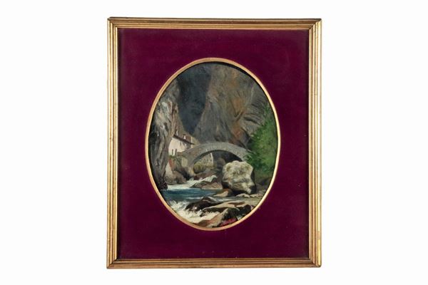 Pittore Italiano Fine XIX Secolo - Firmato e datato 1887. "Scorcio di paesaggio alpino con ponte e corso d'acqua", piccolo dipinto ad olio su tela