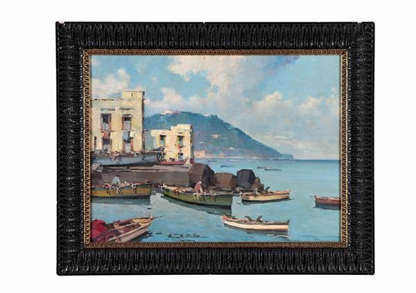 Fortunato Fontana - Signed. "Small fishing port on the Calabrian coast", oil painting on plywood