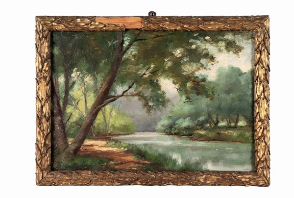 Filiberto Petiti - Firmato. "Veduta delle paludi pontine", piccolo dipinto ad olio su tavoletta