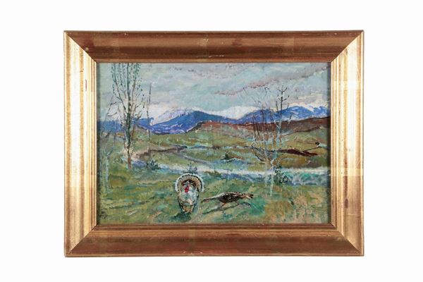 Renato Tomassi - Firmato e datato 1931. "Paesaggio toscano con tacchini", dipinto ad olio su tavoletta 
