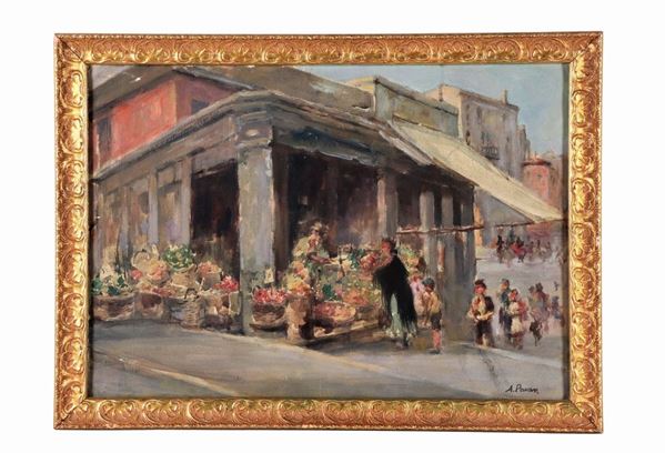 Angelo Pavan - Firmato. "Scorcio di Venezia con mercatino rionale", dipinto ad acquarello e olio magro