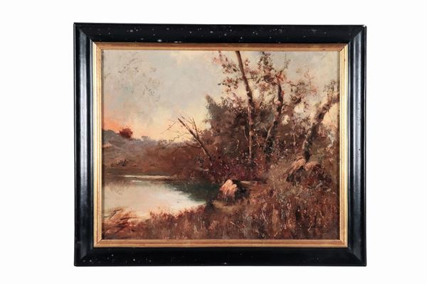 Giuseppe Buscaglione - Signed and dated 1920. "Lake landscape near Rivoli Torinese", oil painting on plywood