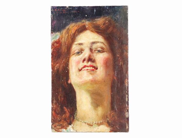 Agustin Salinas Y Teruel - Firmato, iscritto e datato Rio de Janeiro 1907. "Ritratto di ragazza con collana", piccolo dipinto ad olio su tavoletta