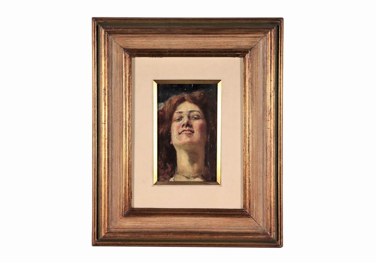 Firmato, iscritto e datato Rio de Janeiro 1907. "Ritratto di ragazza con collana", piccolo dipint...