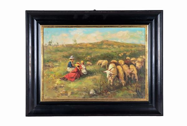 Lorenzo Cecconi - Signed and dated 1936. "View of the Roman countryside with girls and flock", oil painting on plywood