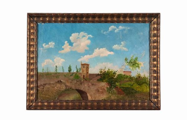 Enrico Ortolani - Firmato. 'Paesaggio di campagna con casolari', piccolo dipinto ad olio su tela applicata a cartone