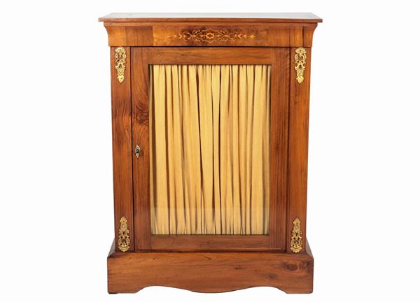 Antique French showcase with one door in walnut, with inlays with floral interweaving motifs and friezes in gilded and chiseled bronze