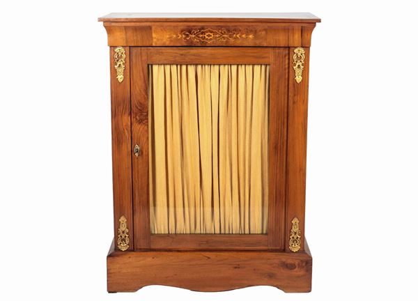Antique French showcase with one door in walnut, with inlays with floral interweaving motifs and friezes in gilded and chiseled bronze