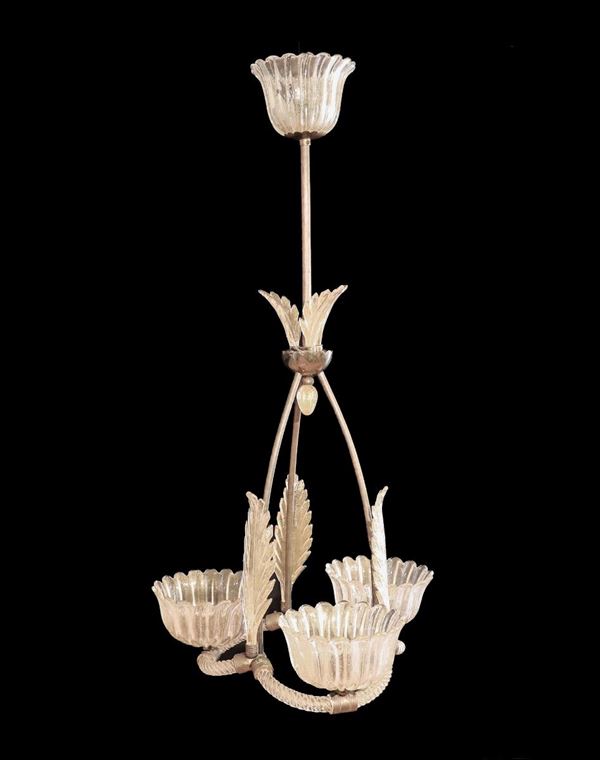 Piccolo lampadario Liberty in cristallo e vetro soffiato di Murano con tre luci a forma di coppa