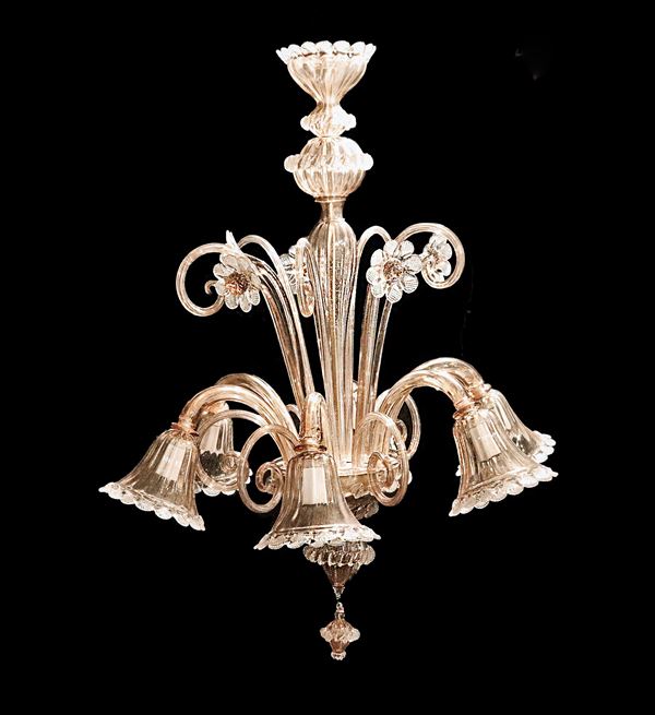 Amber-colored blown Murano glass chandelier with flowers and leaves, 6 lights