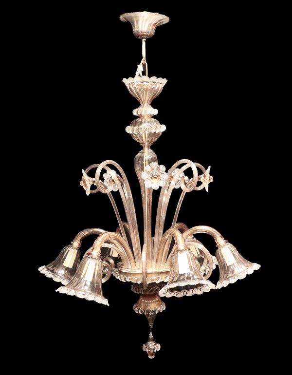 Amber-colored blown Murano glass chandelier with flowers and leaves, 6 lights