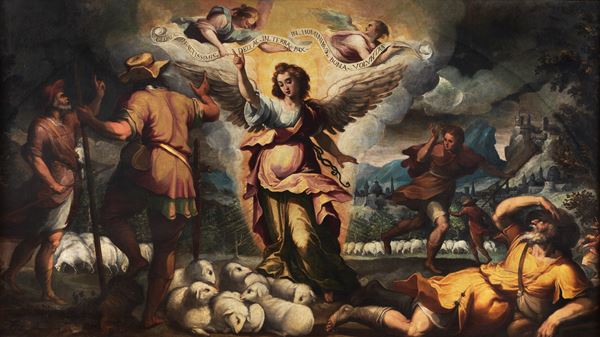 Maestro Veneto XVII Secolo - "L'Angelo annuncia ai pastori la nascita di Gesù", grande dipinto ad olio su tela 