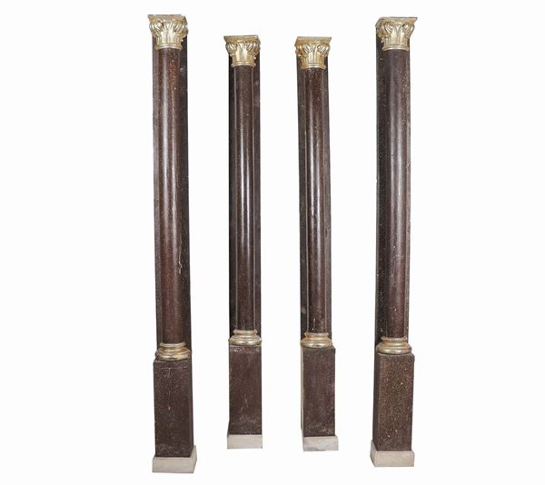 Lot of four large decorative columns in imitation porphyry marble wood with mecca silver capitals
