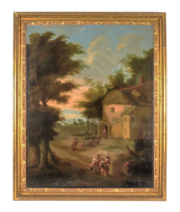 Pittore Veneto Fine XVII - Inizio XVIII Secolo - "Paesaggio con casale, contadini e viandanti", pregevole dipinto ad olio su tela