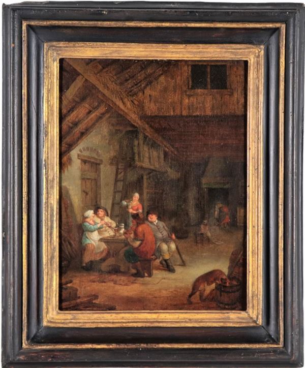 Pittore Fiammingo Inizio XIX Secolo - "Interno di locanda con bevitori", piccolo dipinto ad olio su tavola