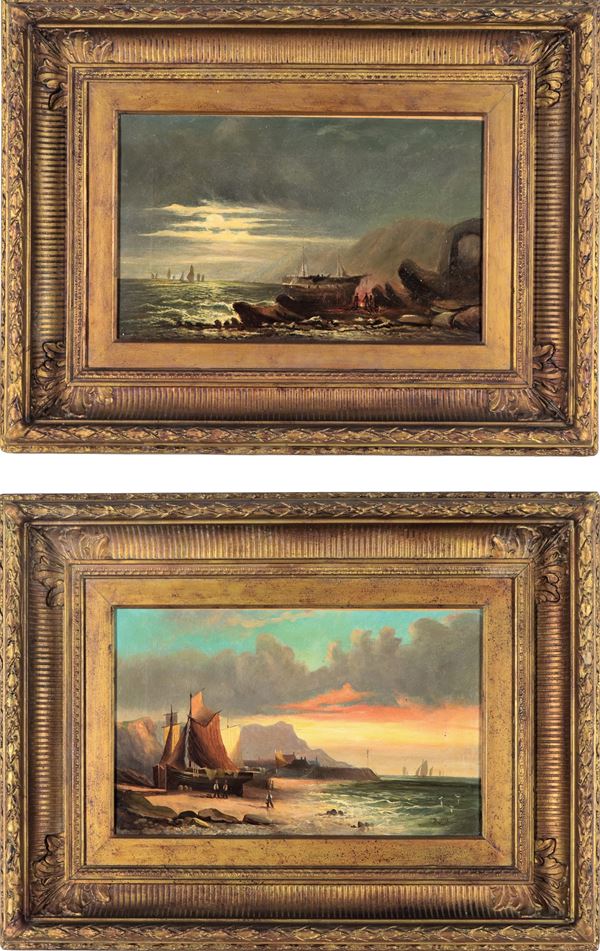 Pittore Inglese XIX Secolo - "Marine with boats and fishermen", pair of oil paintings on canvas, one of the two is signed