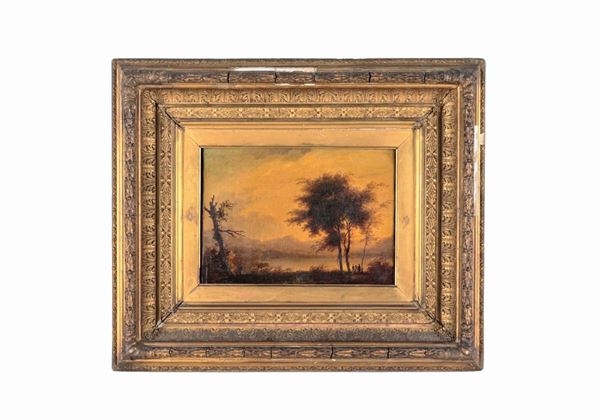 Pittore Italiano Inizio XIX Secolo - "Veduta del Lago di Albano con personaggi", piccolo dipinto ad olio su tela