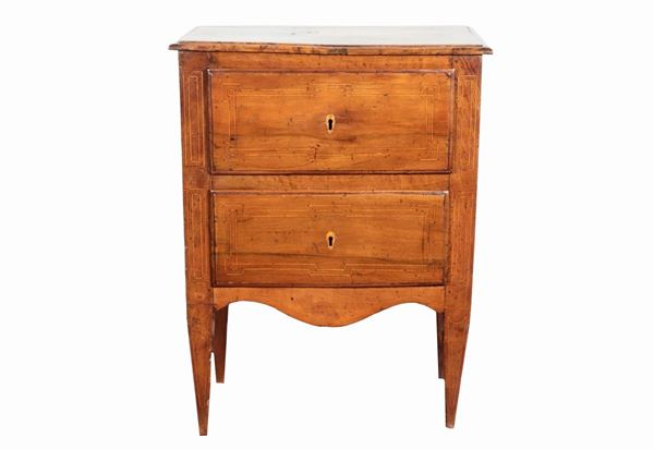 Antique Louis XVI Neapolitan bedside table in walnut, with thread and star motifs inlays