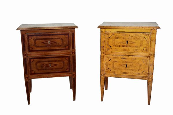 Pair of antique Neapolitan Louis XVI bedside tables, in walnut, olive and satin wood, with rhombus inlays and rosettes