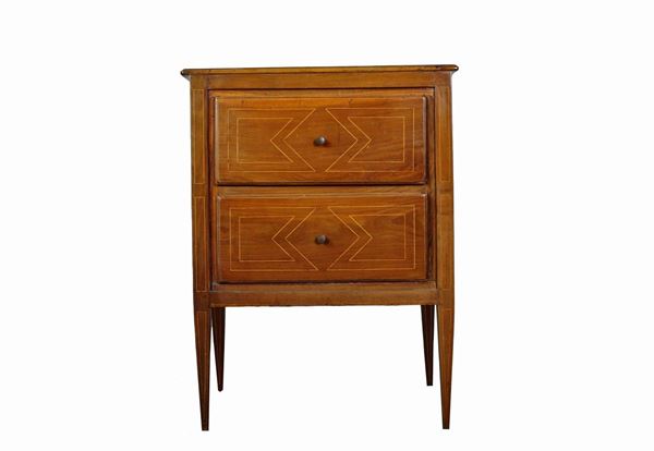Antique Louis XVI Roman bedside table in walnut, with boxwood inlays with rhombus and circles motifs