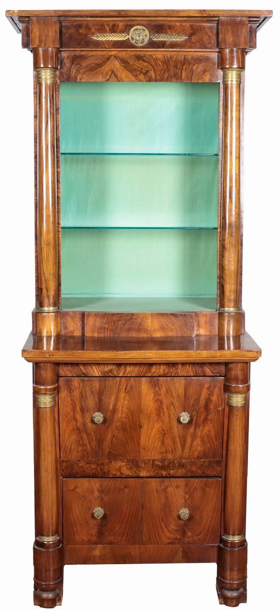 Antique small Empire bookcase in walnut, with the top open and two drawers below, friezes in gilded and chiseled bronze