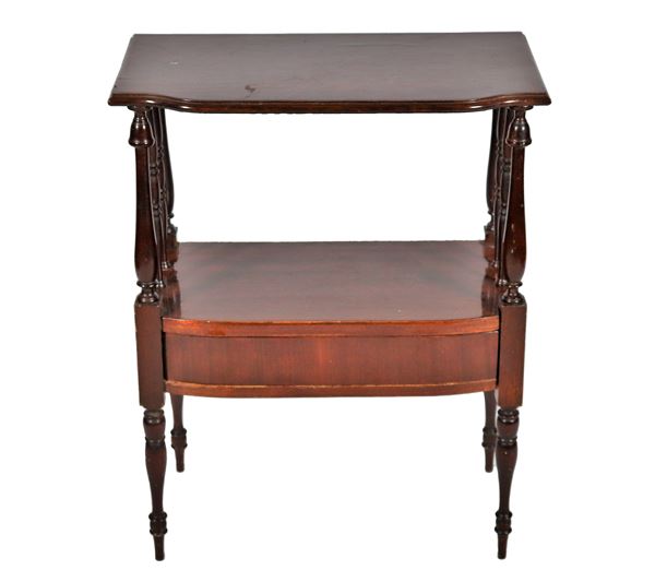 Mahogany magazine rack table with drawer, uprights and legs with turned columns