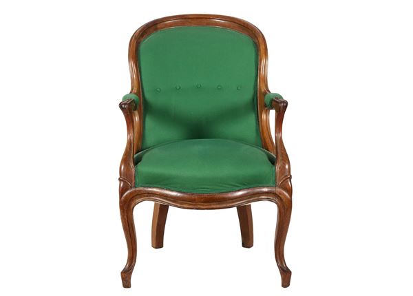 Louis Philippe armchair in walnut with curved backs and armrests, cover in green fabric