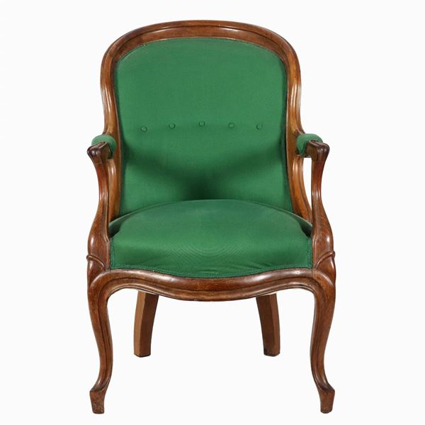Louis Philippe armchair in walnut with curved backs and armrests, cover in green fabric