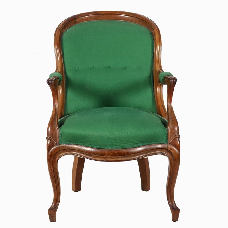 Poltrona Luigi Filippo in noce con schienali e braccioli ricurvi, copertura in tessuto verde