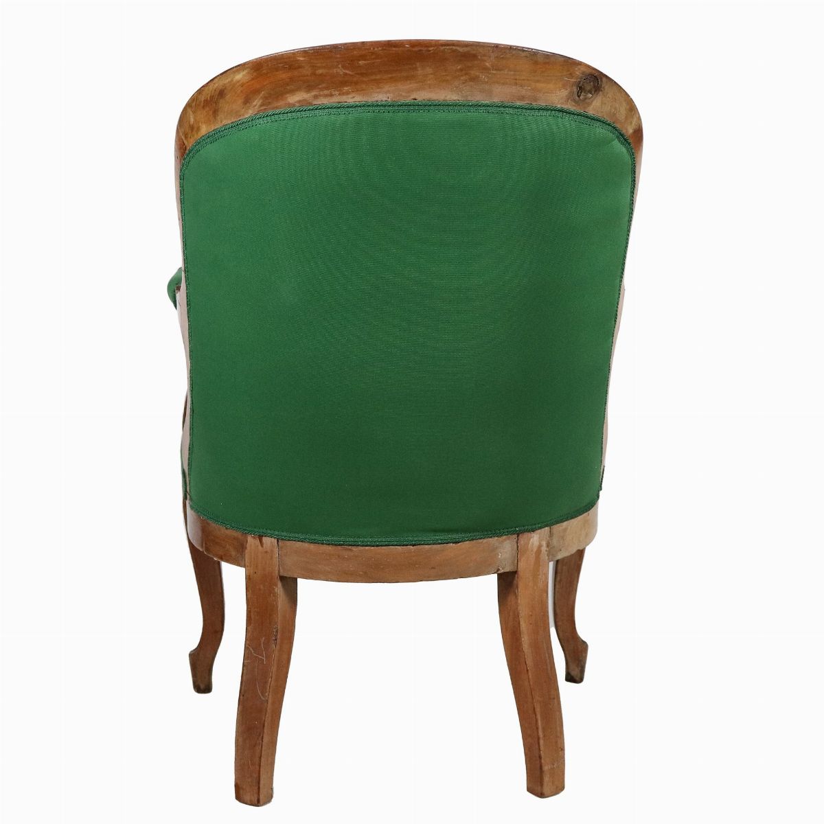 Poltrona Luigi Filippo in noce con schienali e braccioli ricurvi, copertura in tessuto verde