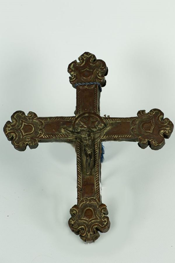 Crucifix in embossed and chiseled copper