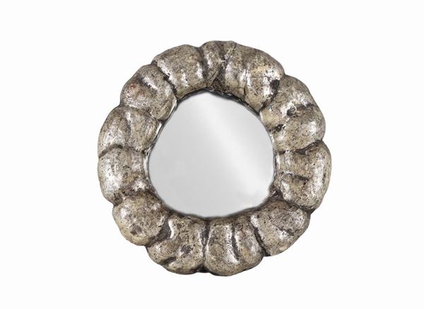 Antique small round mirror in mecca silver wood, mercury mirror