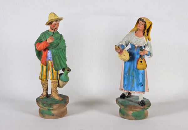 Coppia di statuine in terracotta policroma "Contadini"