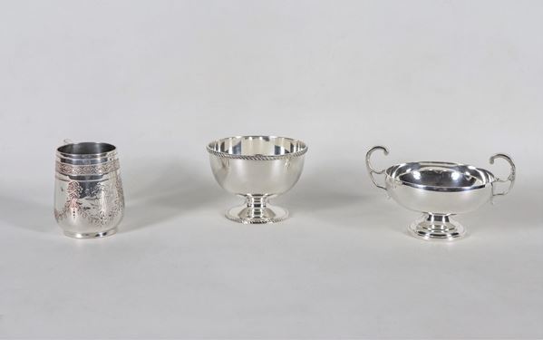 Lot in silver metal and sheffield of two cups and a mouthpiece (3 pcs)
