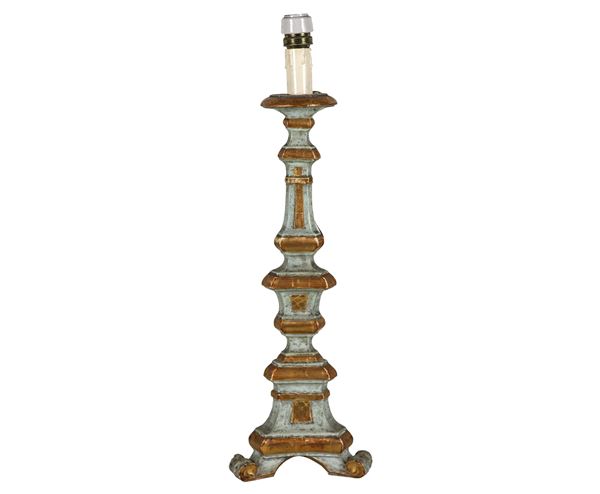 Antique table torch from the Louis XIV line, in gilded and light blue lacquered wood