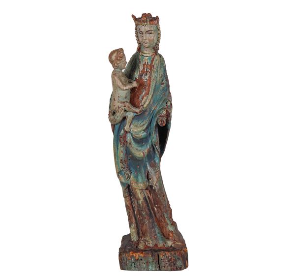 "Madonna con Bambino", antica piccola scultura in legno policromo