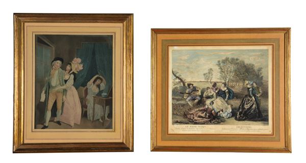 Lot of two old French colored engravings "The courtship" and "Feast in the park"
