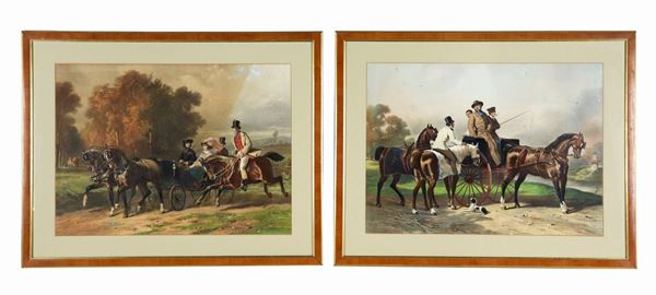 "Gare equestri con carrozze e cavalieri", coppia di antiche stampe inglesi colorate 