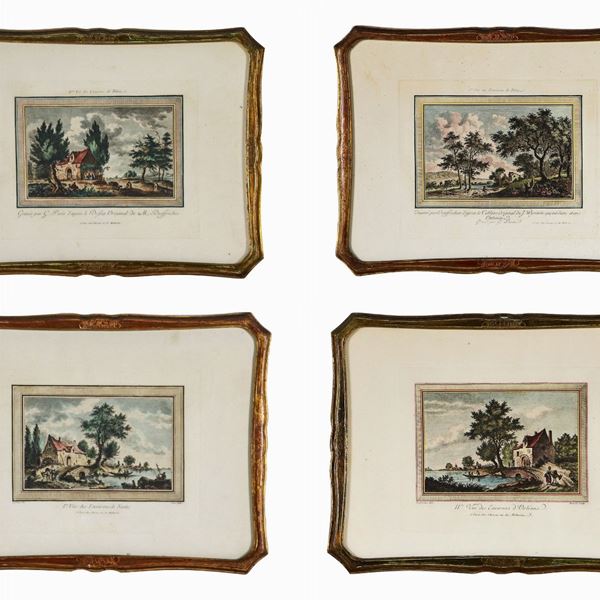 Lot of four old French small engravings "Landscapes"