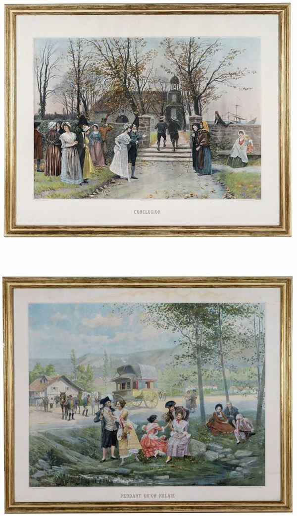 Coppia di antiche stampe francesi a colori, "L'arrivo in chiesa" e "La sosta dei nobili nel parco"