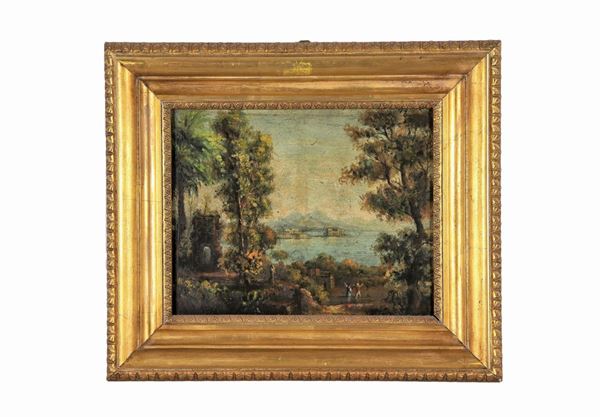 Pittore Napoletano Fine XIX Secolo - "Paesaggio costiero con viandanti e ruderi", piccolo dipinto ad olio su rame