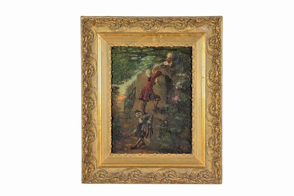 Pittore Francese Fine XIX Secolo - "Scena galante", piccolo dipinto ad olio su tela